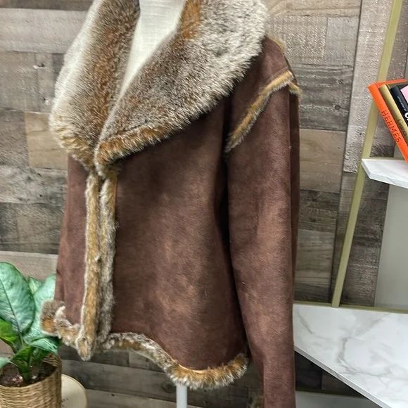 No Name Chocolate Brown Faux Suede & Faux Fox Fur Lined Coat XL - Picture 2 of 11